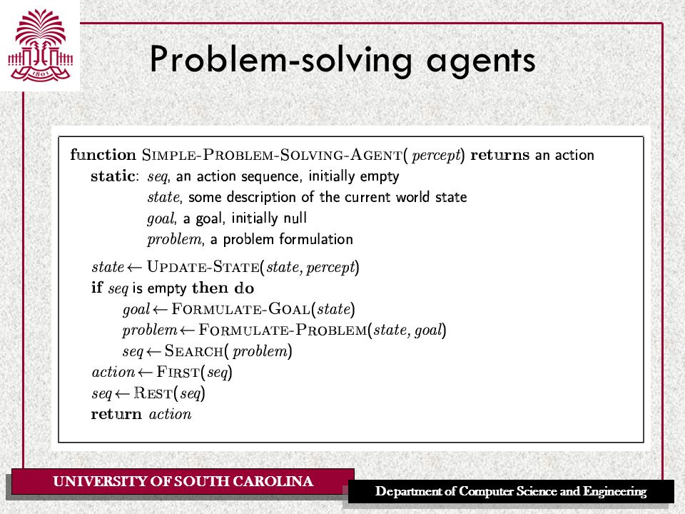 UNIVERSITY OF SOUTH CAROLINA Department of Computer Science and Engineering Problem-solving agents