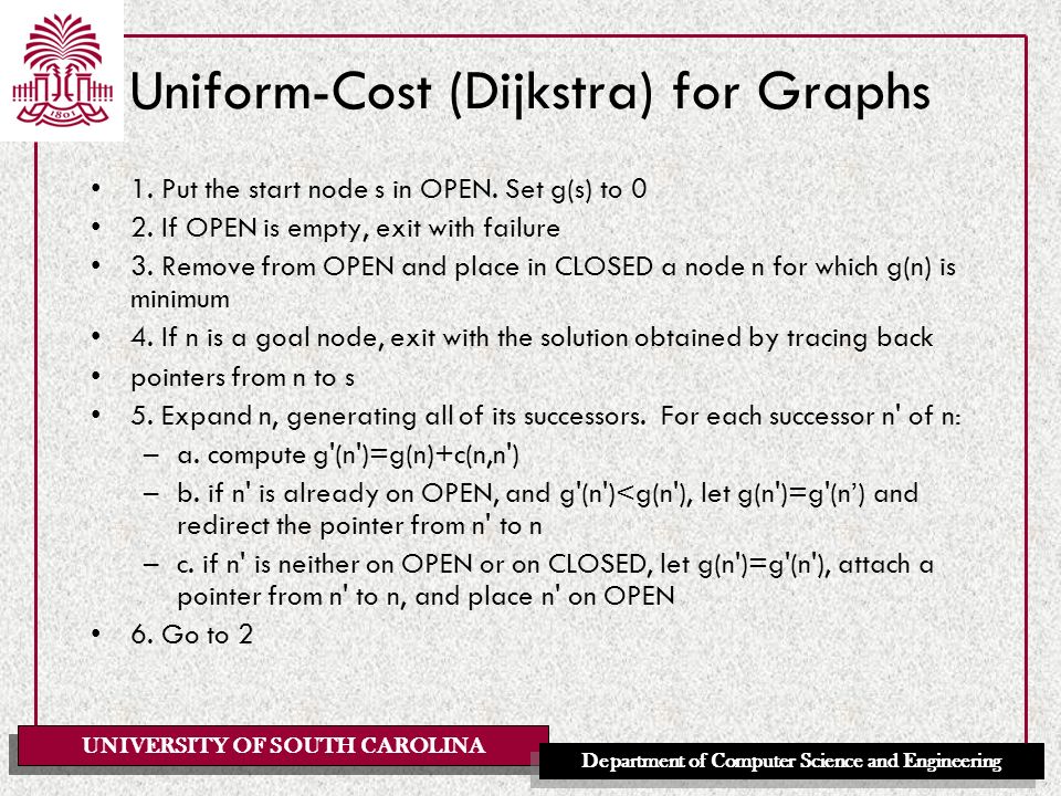 UNIVERSITY OF SOUTH CAROLINA Department of Computer Science and Engineering Uniform-Cost (Dijkstra) for Graphs 1.