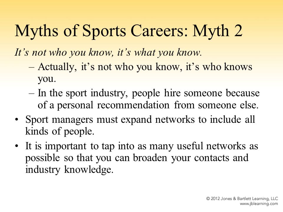 Chapter 22 Strategies for Career Success. Myths of Sport Careers: Myth 1  Sport management degree is a ticket to success. –Increased number of sport  management. - ppt download