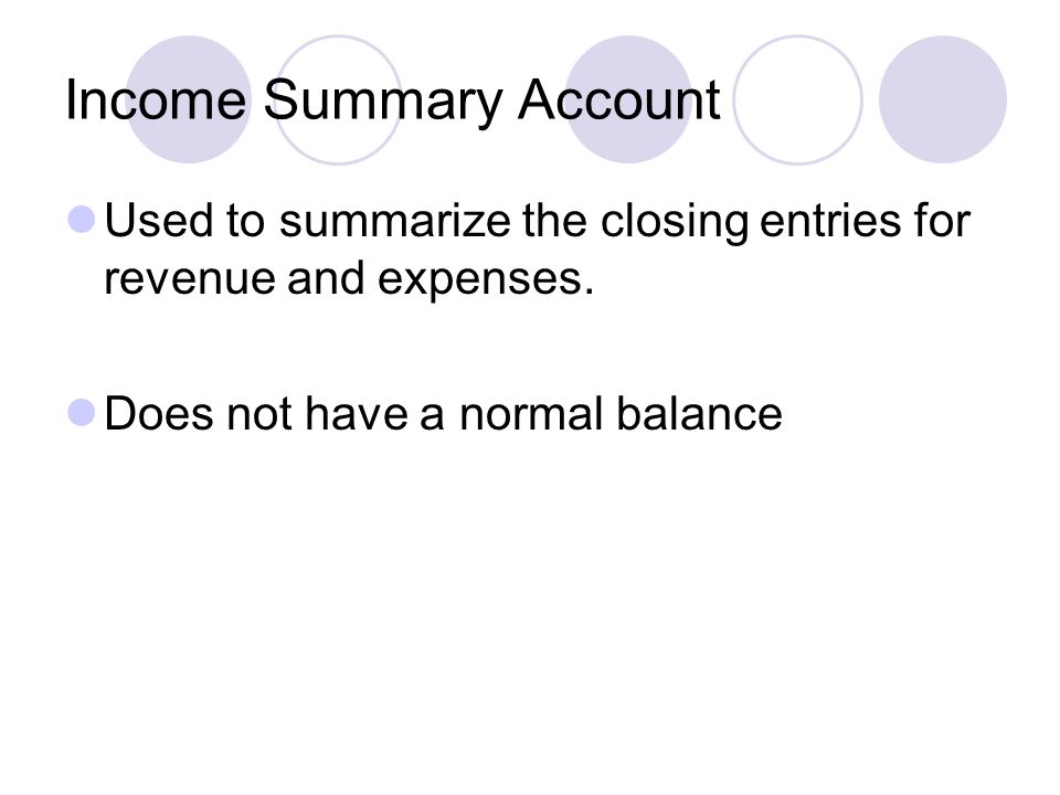 Income Summary Account Used to summarize the closing entries for revenue and expenses.