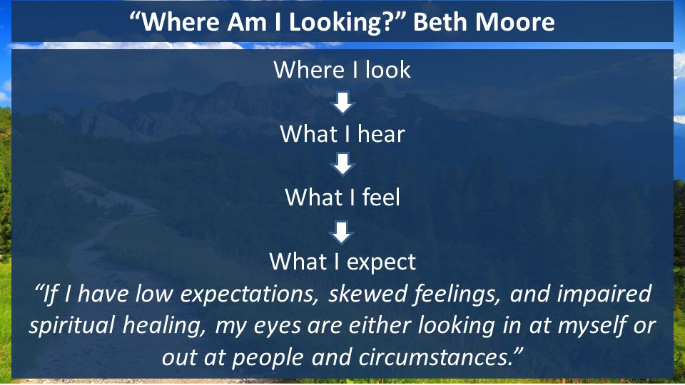 Where Am I Looking Beth Moore Where I look What I hear What I feel What I expect If I have low expectations, skewed feelings, and impaired spiritual healing, my eyes are either looking in at myself or out at people and circumstances.