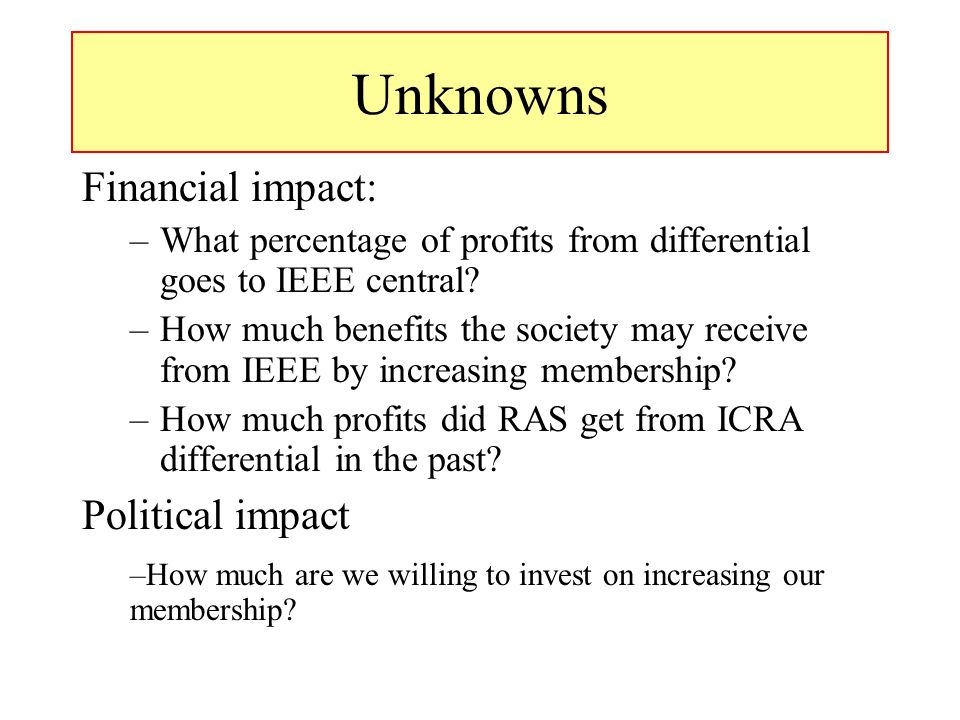 Unknowns Financial impact: –What percentage of profits from differential goes to IEEE central.
