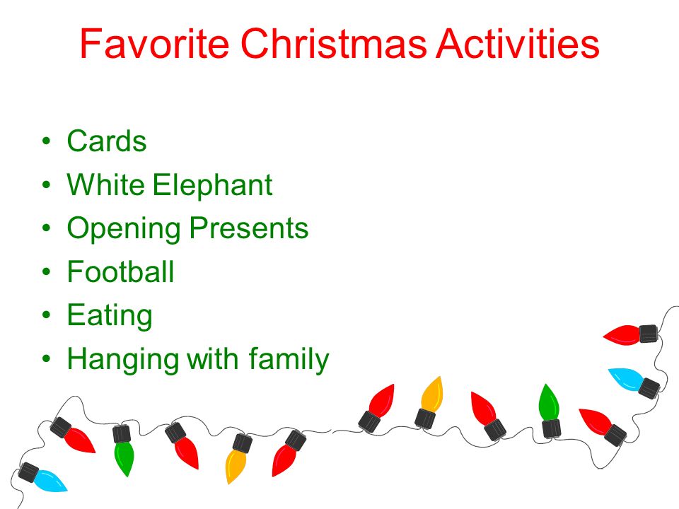 Favorite Christmas Activities Cards White Elephant Opening Presents Football Eating Hanging with family
