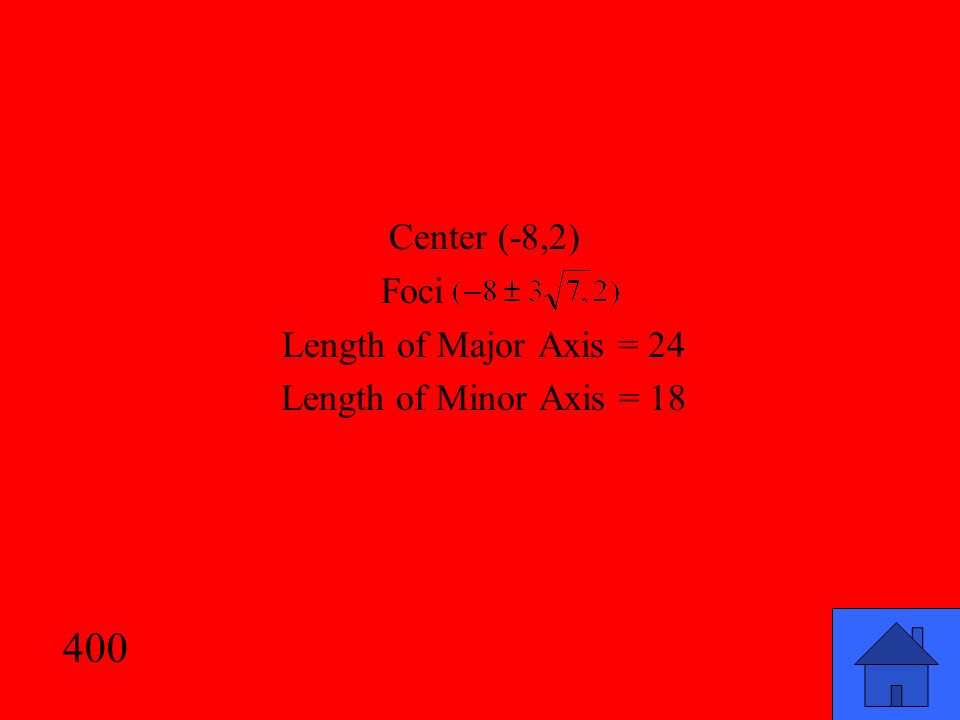 Center (-8,2) Foci Length of Major Axis = 24 Length of Minor Axis =