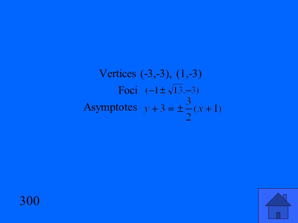 300 Vertices (-3,-3), (1,-3) Foci Asymptotes