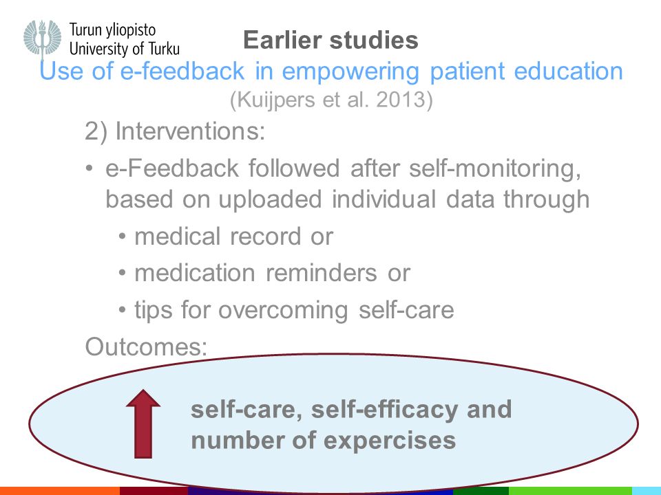 2) Interventions: e-Feedback followed after self-monitoring, based on uploaded individual data through medical record or medication reminders or tips for overcoming self-care Outcomes: Lack of studies in RT setting Earlier studies Use of e-feedback in empowering patient education (Kuijpers et al.