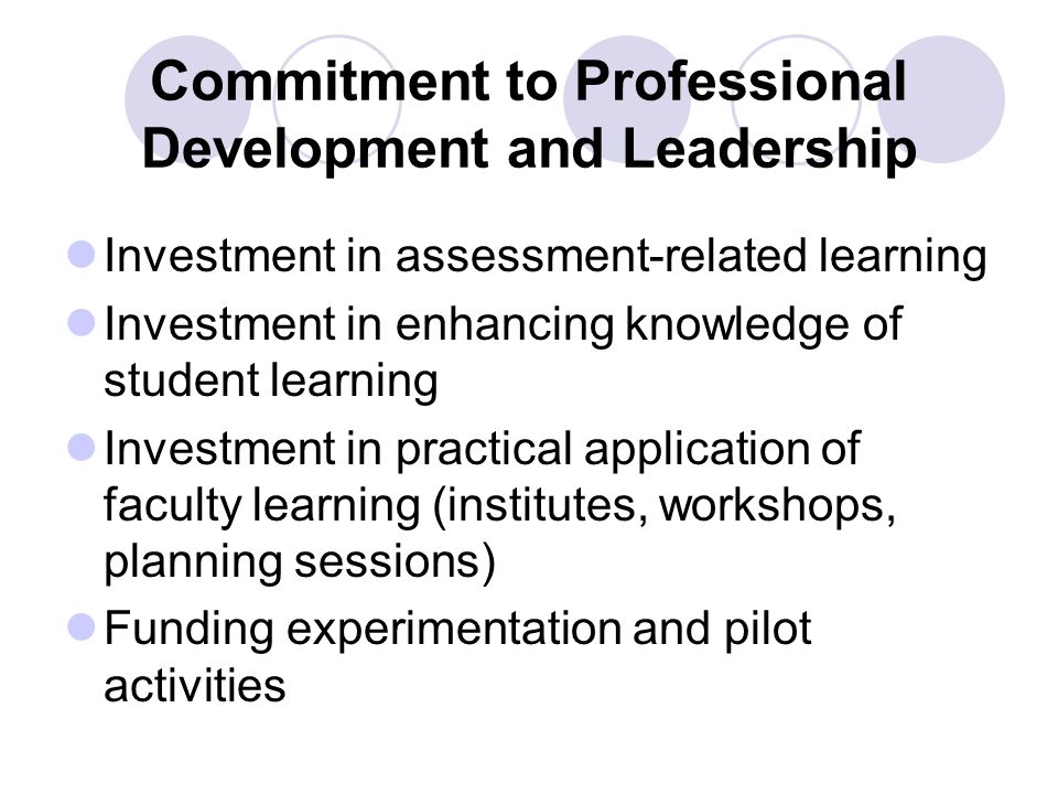 Commitment to Professional Development and Leadership Investment in assessment-related learning Investment in enhancing knowledge of student learning Investment in practical application of faculty learning (institutes, workshops, planning sessions) Funding experimentation and pilot activities