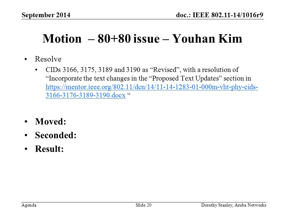 doc.: IEEE /1016r9 Agenda September 2014 Dorothy Stanley, Aruba NetworksSlide 20 Motion – issue – Youhan Kim Resolve CIDs 3166, 3175, 3189 and 3190 as Revised , with a resolution of Incorporate the text changes in the Proposed Text Updates section in docx docx Moved: Seconded: Result: