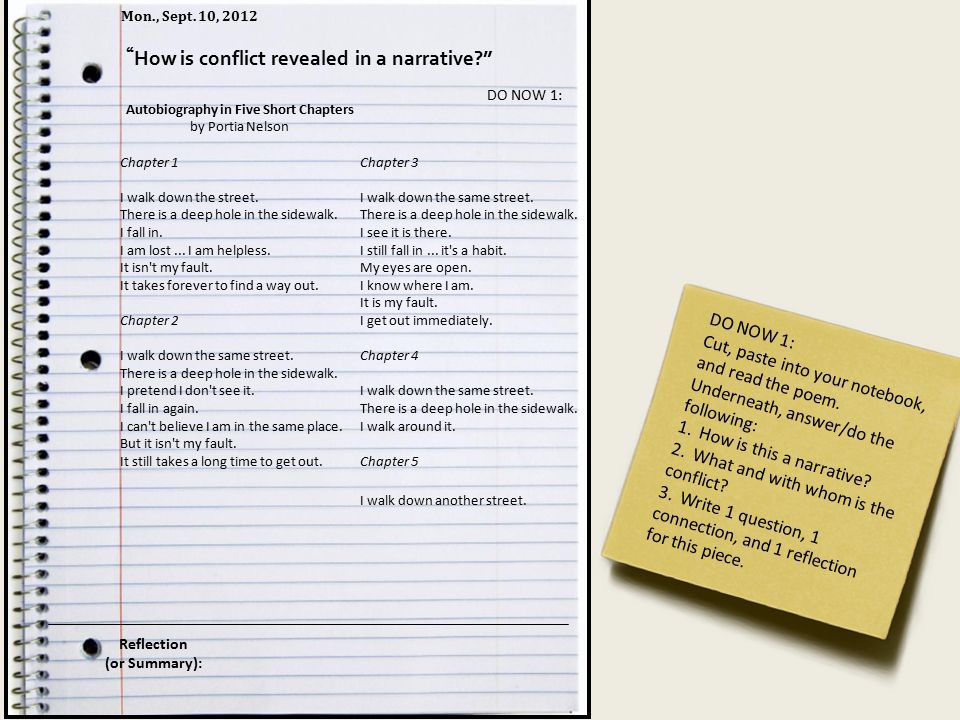 MONDAY, SEPTEMBER 10. Autobiography in Five Short Chapters by Portia Nelson  Chapter 1 I walk down the street. There is a deep hole in the sidewalk. I.  - ppt download