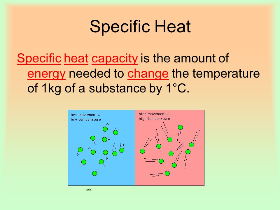Specific Heat Specific heat capacity is the amount of energy needed to change the temperature of 1kg of a substance by 1°C.