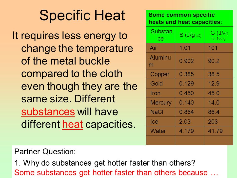 Specific Heat It requires less energy to change the temperature of the metal buckle compared to the cloth even though they are the same size.