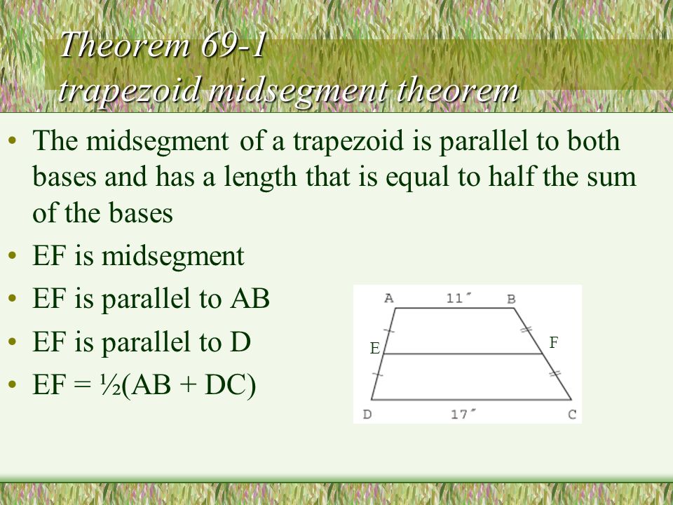 Theorem 69-1 trapezoid midsegment theorem The midsegment of a trapezoid is parallel to both bases and has a length that is equal to half the sum of the bases EF is midsegment EF is parallel to AB EF is parallel to D EF = ½(AB + DC) E F