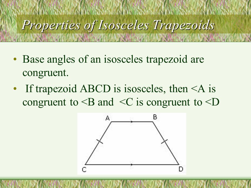 Properties of Isosceles Trapezoids Base angles of an isosceles trapezoid are congruent.