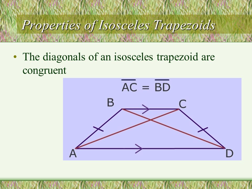 Properties of Isosceles Trapezoids The diagonals of an isosceles trapezoid are congruent