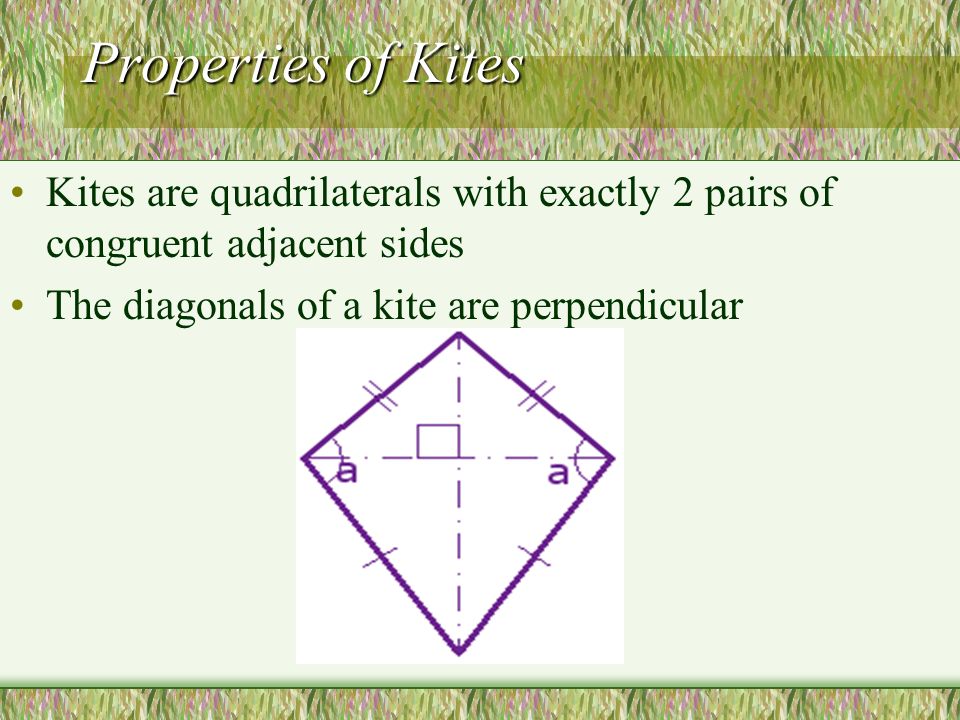 Properties of Kites Kites are quadrilaterals with exactly 2 pairs of congruent adjacent sides The diagonals of a kite are perpendicular