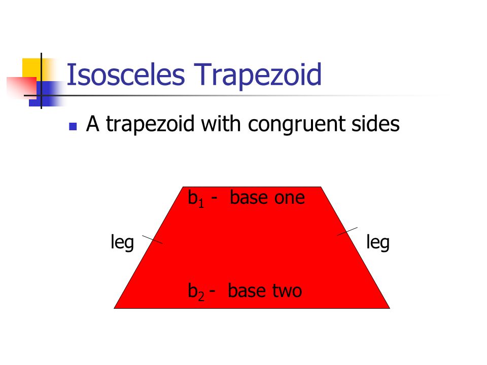 Isosceles Trapezoid A trapezoid with congruent sides b 1 - base one b 2 - base two leg