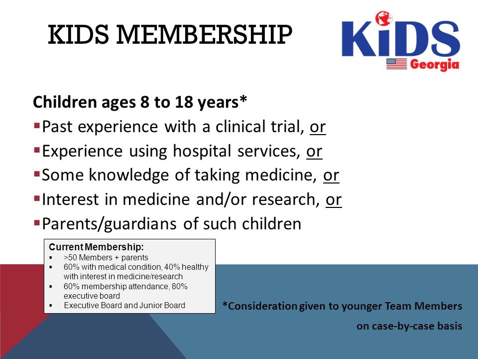 KIDS MEMBERSHIP Children ages 8 to 18 years*  Past experience with a clinical trial, or  Experience using hospital services, or  Some knowledge of taking medicine, or  Interest in medicine and/or research, or  Parents/guardians of such children *Consideration given to younger Team Members on case-by-case basis Current Membership:  >50 Members + parents  60% with medical condition, 40% healthy with interest in medicine/research  60% membership attendance, 80% executive board  Executive Board and Junior Board