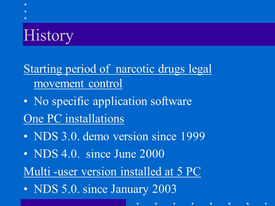 History Starting period of narcotic drugs legal movement control No specific application software One PC installations NDS 3.0.
