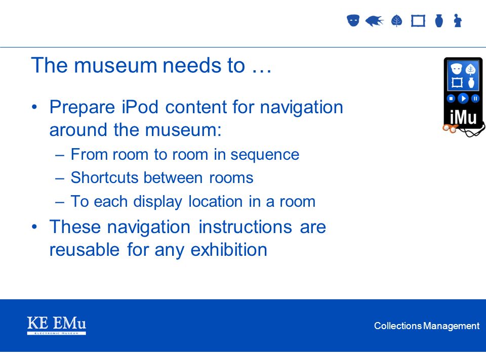 Collections Management The museum needs to … Prepare iPod content for navigation around the museum: –From room to room in sequence –Shortcuts between rooms –To each display location in a room These navigation instructions are reusable for any exhibition