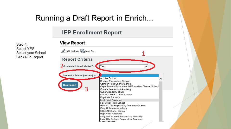 Running a Draft Report in Enrich... Step 4: Select YES Select your School Click Run Report