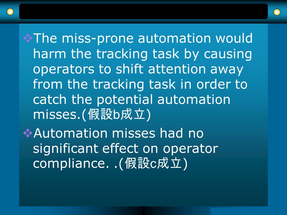  The miss-prone automation would harm the tracking task by causing operators to shift attention away from the tracking task in order to catch the potential automation misses.( 假設 b 成立 )  Automation misses had no significant effect on operator compliance..( 假設 c 成立 )