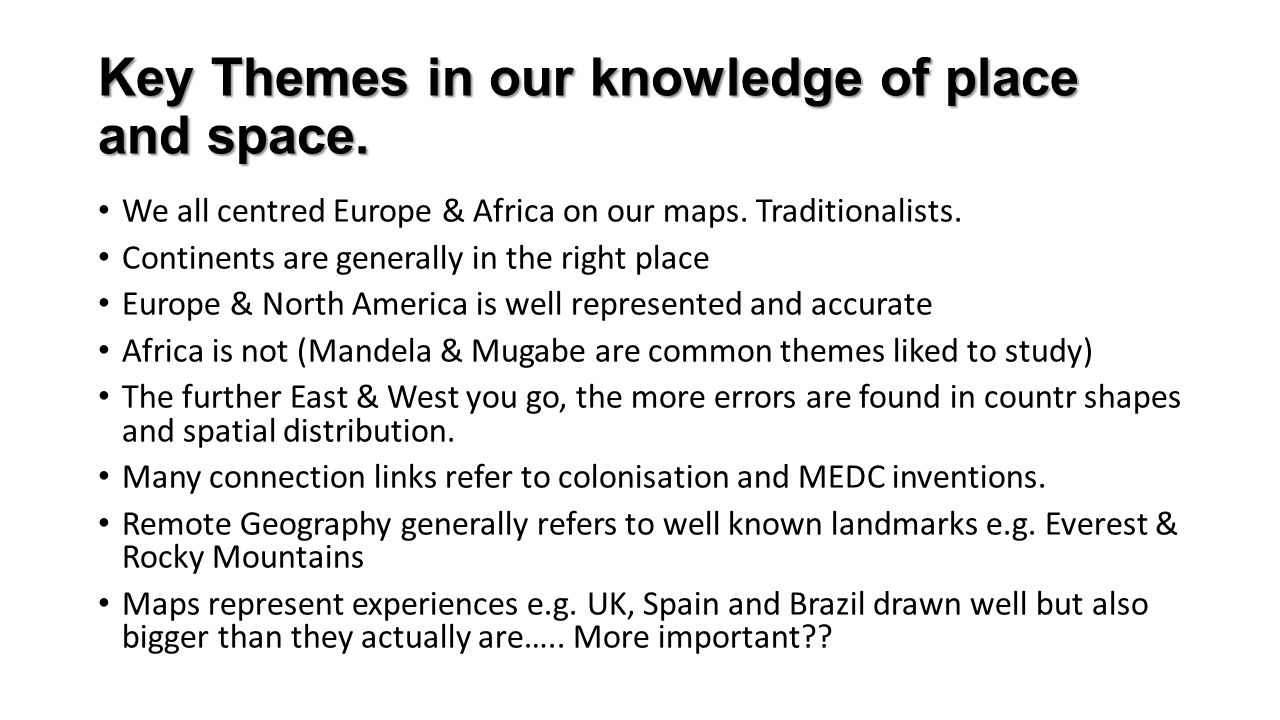 Key Themes in our knowledge of place and space. We all centred Europe & Africa on our maps.