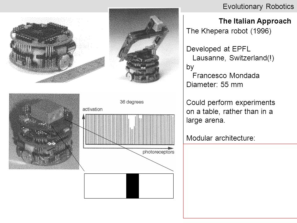 Evolutionary The Italian The Khepera robot (1996) Developed at EPFL Lausanne, by Francesco Mondada Diameter: 55 mm Could. - ppt download