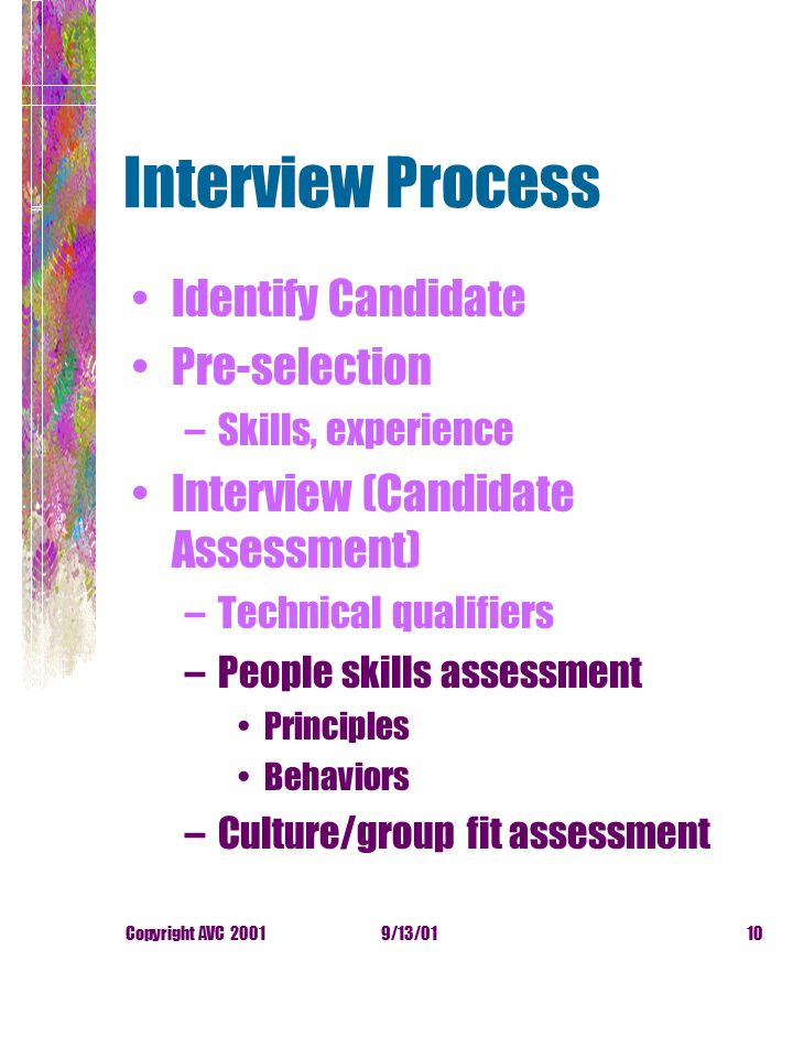 9/13/01Copyright AVC Interview Process Identify Candidate Pre-selection –Skills, experience Interview (Candidate Assessment) –Technical qualifiers –People skills assessment Principles Behaviors –Culture/group fit assessment