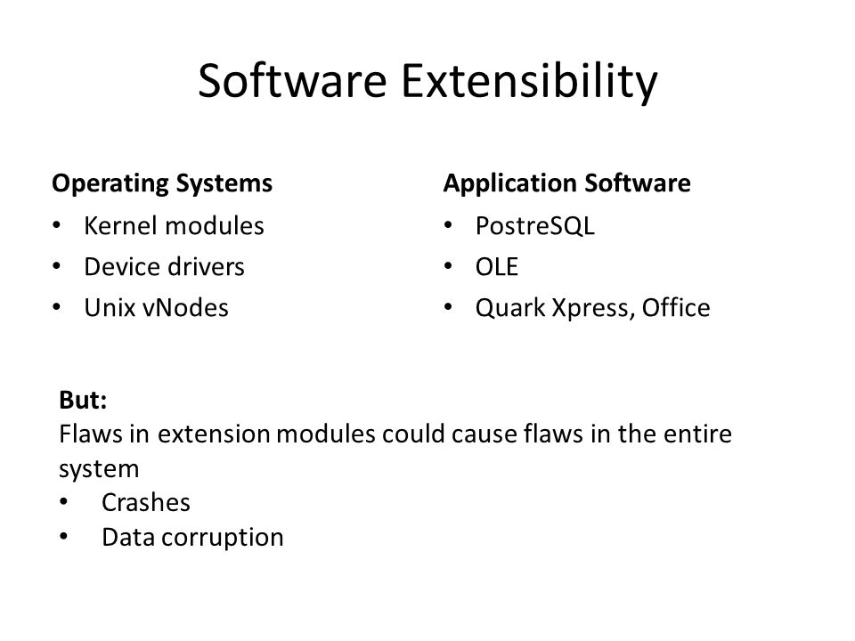 Software Extensibility Operating Systems Kernel modules Device drivers Unix vNodes Application Software PostreSQL OLE Quark Xpress, Office But: Flaws in extension modules could cause flaws in the entire system Crashes Data corruption