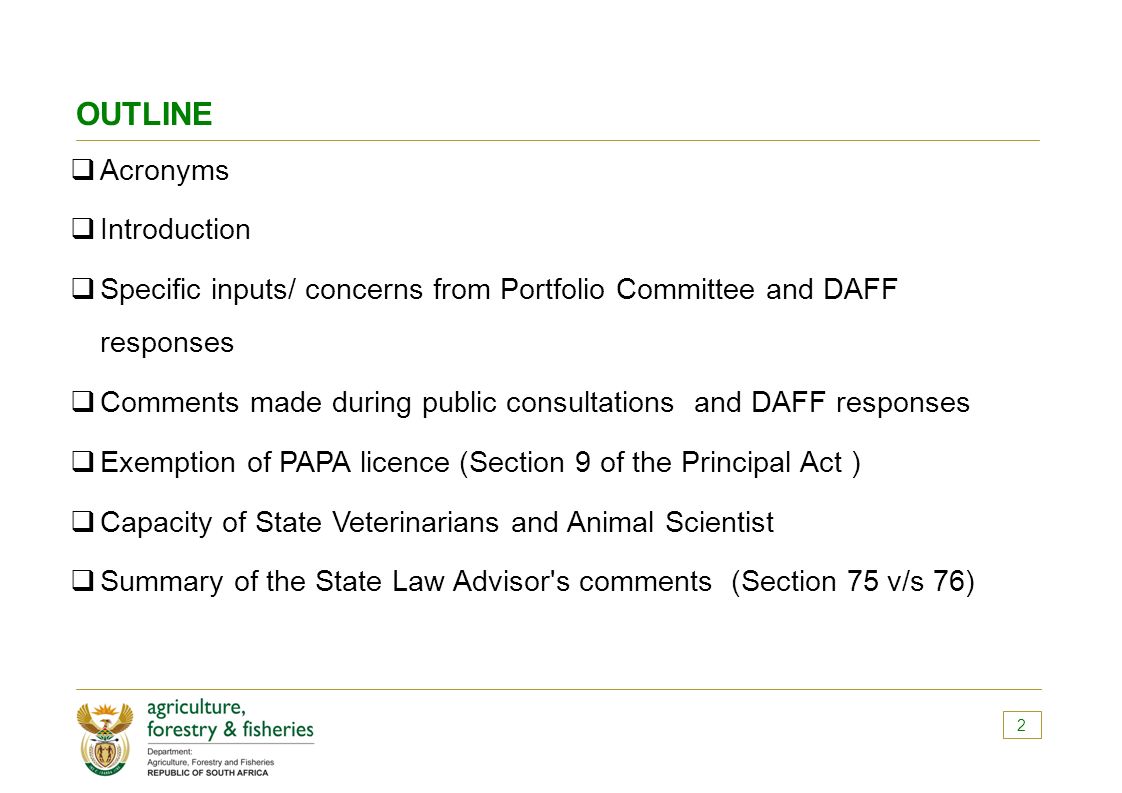 THE PERFORMING ANIMALS PROTECTION (PAPA) AMENDMENT BILL DEPARTMENT OF  AGRICULTURE, FORESTRY AND FISHERIES 28 APRIL 2015 PRESENTATION TO THE  PORTFOLIO COMMITTEE. - ppt download