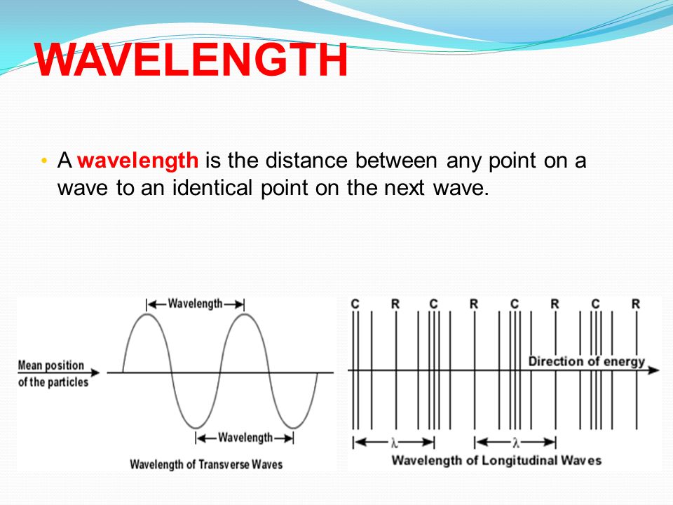 WAVELENGTH A wavelength is the distance between any point on a wave to an identical point on the next wave.