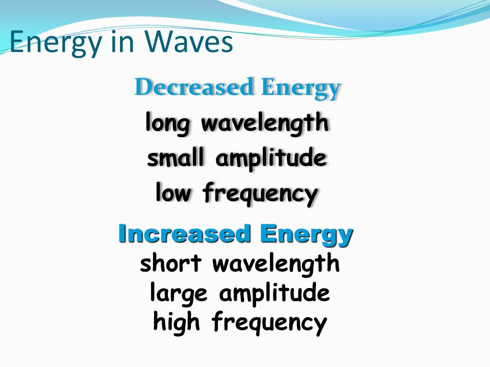 Energy in Waves Decreased Energy long wavelength small amplitude low frequency Decreased Energy long wavelength small amplitude low frequency Increased Energy short wavelength short wavelength large amplitude large amplitude high frequency high frequency