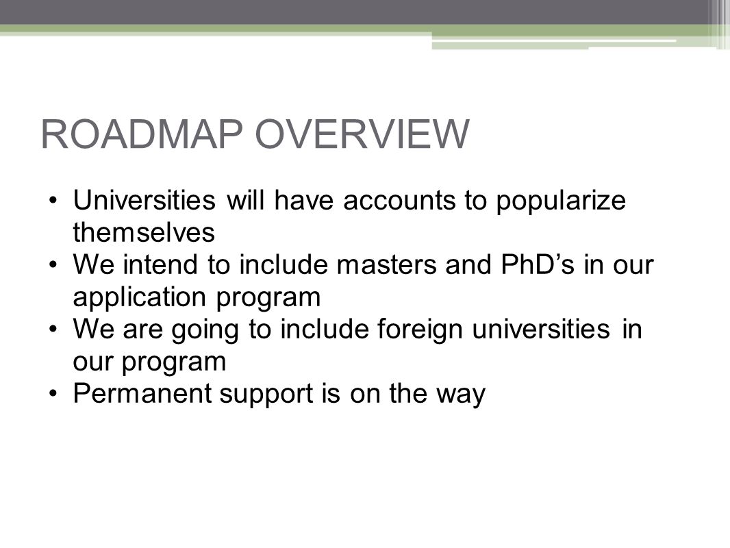 ROADMAP OVERVIEW Universities will have accounts to popularize themselves We intend to include masters and PhD’s in our application program We are going to include foreign universities in our program Permanent support is on the way