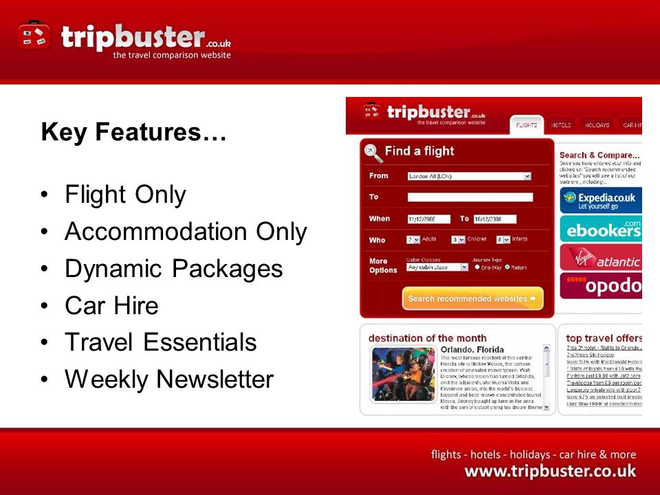 Key Features… Flight Only Accommodation Only Dynamic Packages Car Hire Travel Essentials Weekly Newsletter