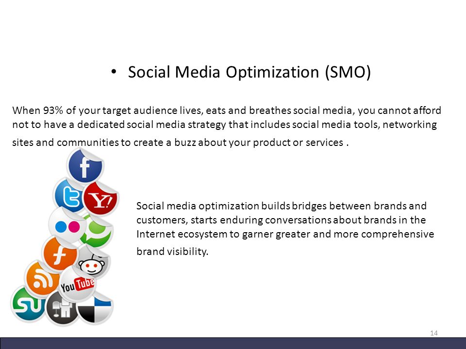 Social Media Optimization (SMO) 14 When 93% of your target audience lives, eats and breathes social media, you cannot afford not to have a dedicated social media strategy that includes social media tools, networking sites and communities to create a buzz about your product or services.