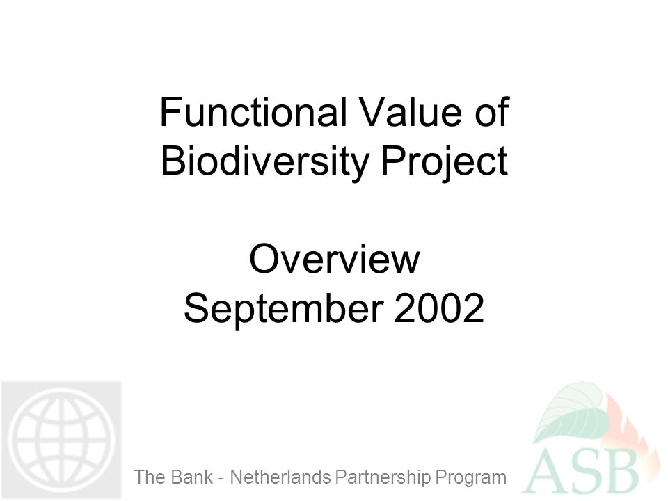 Functional Value of Biodiversity Project Overview September 2002 The Bank - Netherlands Partnership Program