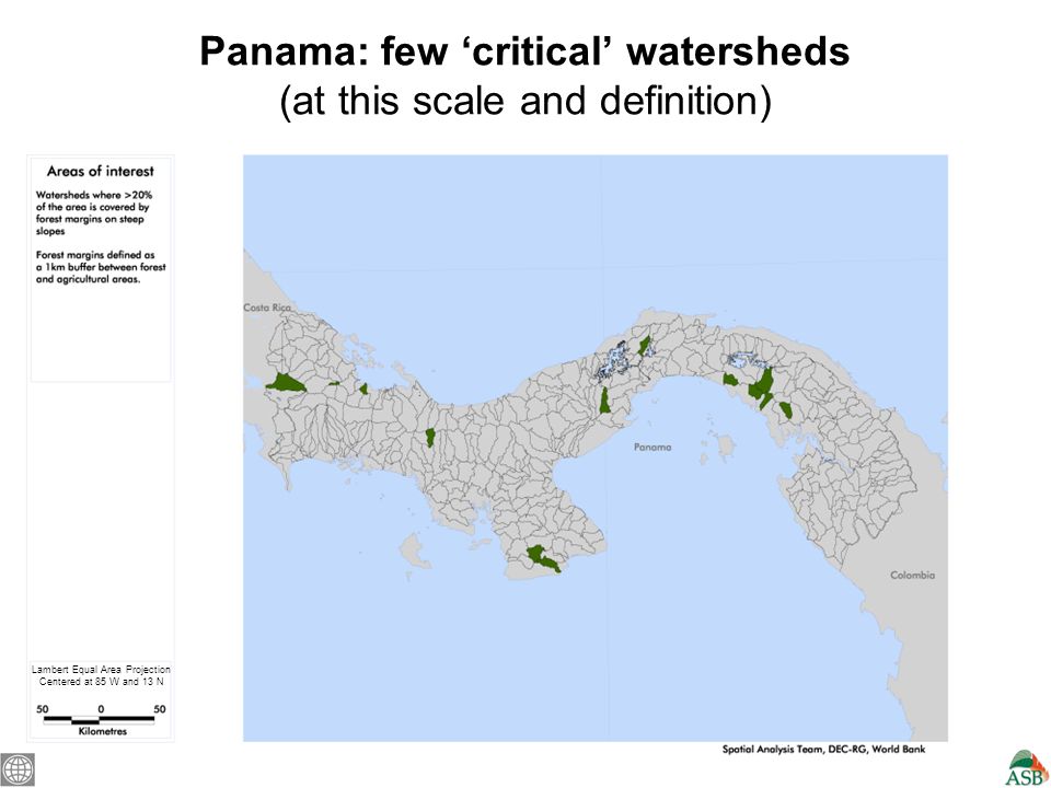 Lambert Equal Area Projection Centered at 85 W and 13 N Panama: few ‘critical’ watersheds (at this scale and definition)