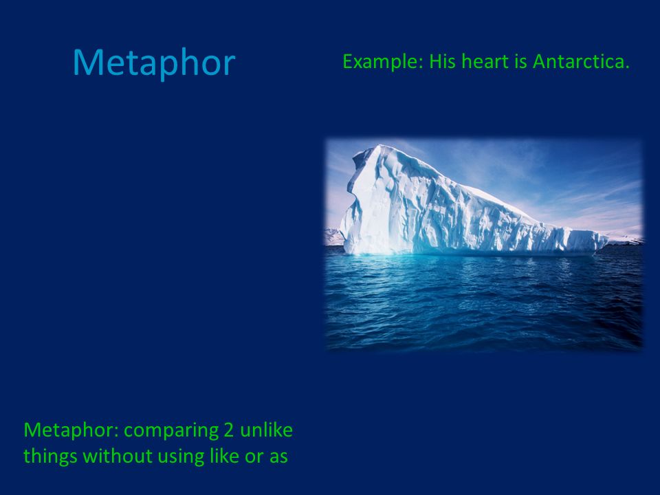 Metaphor Metaphor: comparing 2 unlike things without using like or as Example: His heart is Antarctica.