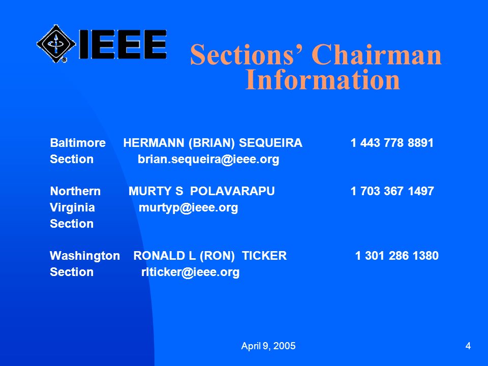 April 9, Sections’ Chairman Information Baltimore HERMANN (BRIAN) SEQUEIRA Section Northern MURTY S POLAVARAPU Virginia Section Washington RONALD L (RON) TICKER Section