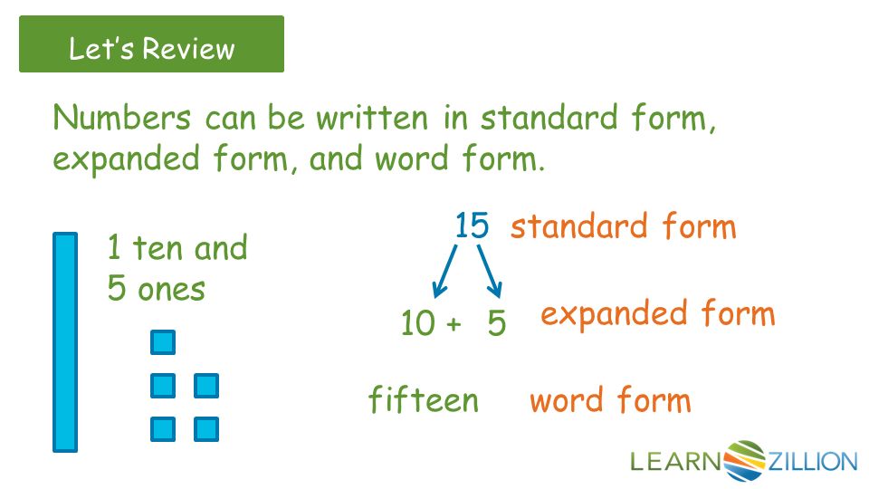 Let’s Review 15 standard form Numbers can be written in standard form, expanded form, and word form.