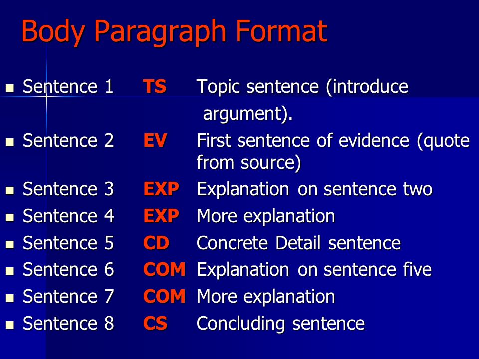Body Paragraph Format Sentence 1 TSTopic sentence (introduce Sentence 1 TSTopic sentence (introduce argument).