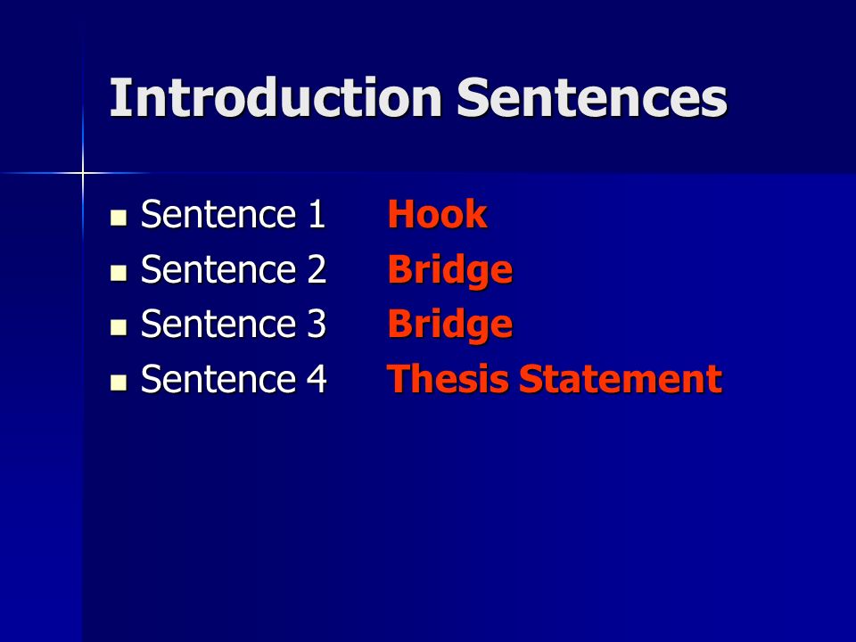 Introduction Sentences Sentence 1 Hook Sentence 1 Hook Sentence 2 Bridge Sentence 2 Bridge Sentence 3 Bridge Sentence 3 Bridge Sentence 4 Thesis Statement Sentence 4 Thesis Statement