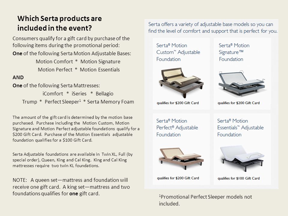 Which Serta products are included in the event.