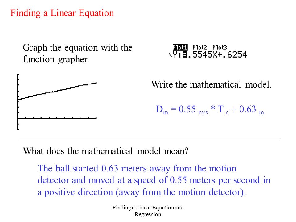 Finding a Linear Equation and Regression Finding a Linear Equation Graph the equation with the function grapher.