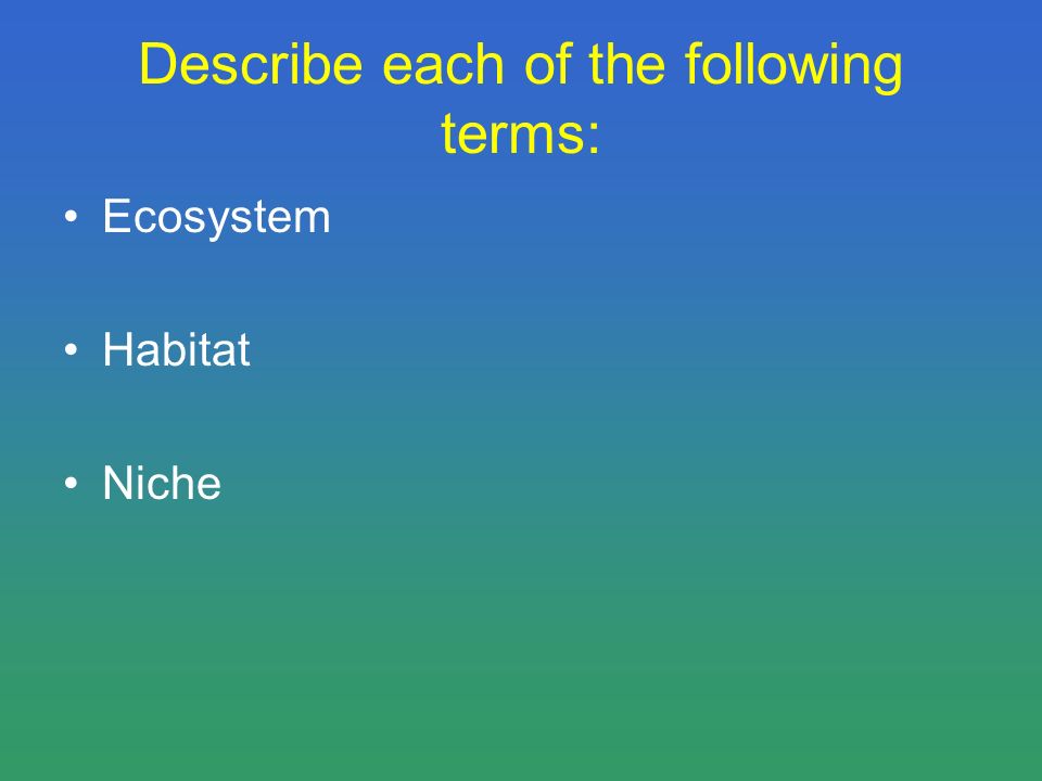 Describe each of the following terms: Ecosystem Habitat Niche