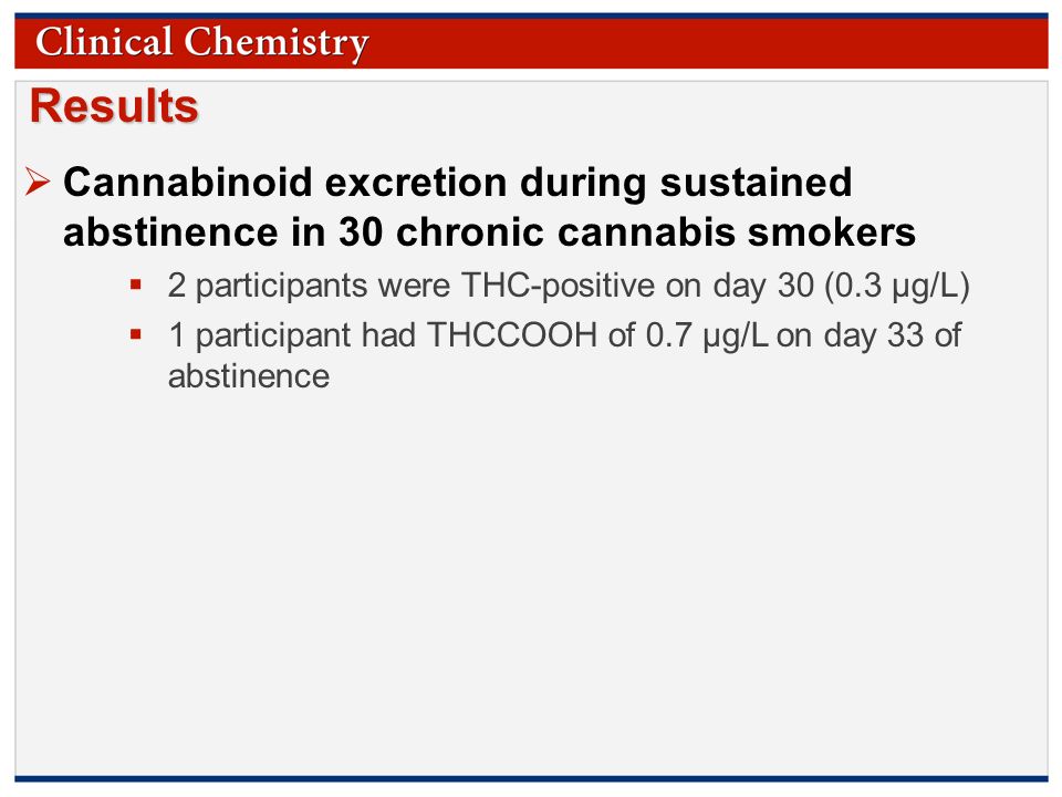 © Copyright 2009 by the American Association for Clinical Chemistry Results  Cannabinoid excretion during sustained abstinence in 30 chronic cannabis smokers  2 participants were THC-positive on day 30 (0.3 μg/L)  1 participant had THCCOOH of 0.7 μg/L on day 33 of abstinence