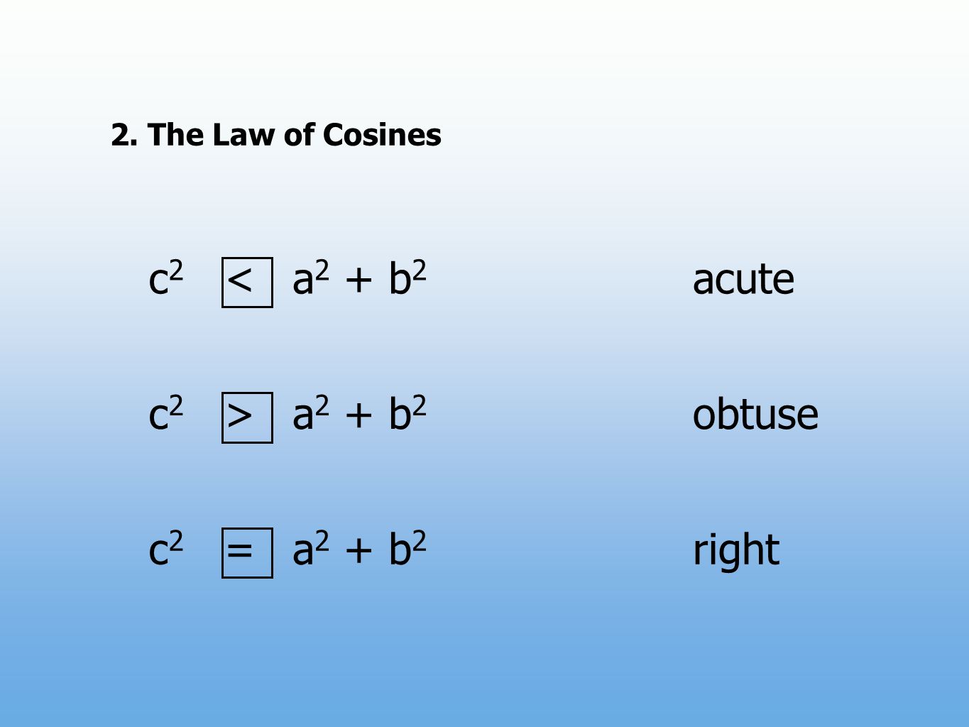 2.The Law of Cosines a 2 + b 2 c2c2 =right a 2 + b 2 c2c2 >obtuse a 2 + b 2 c2c2 <acute