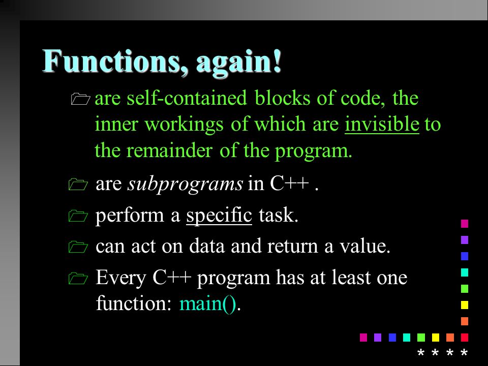 Functions g prototypes g arguments g overloading g return values part I ...