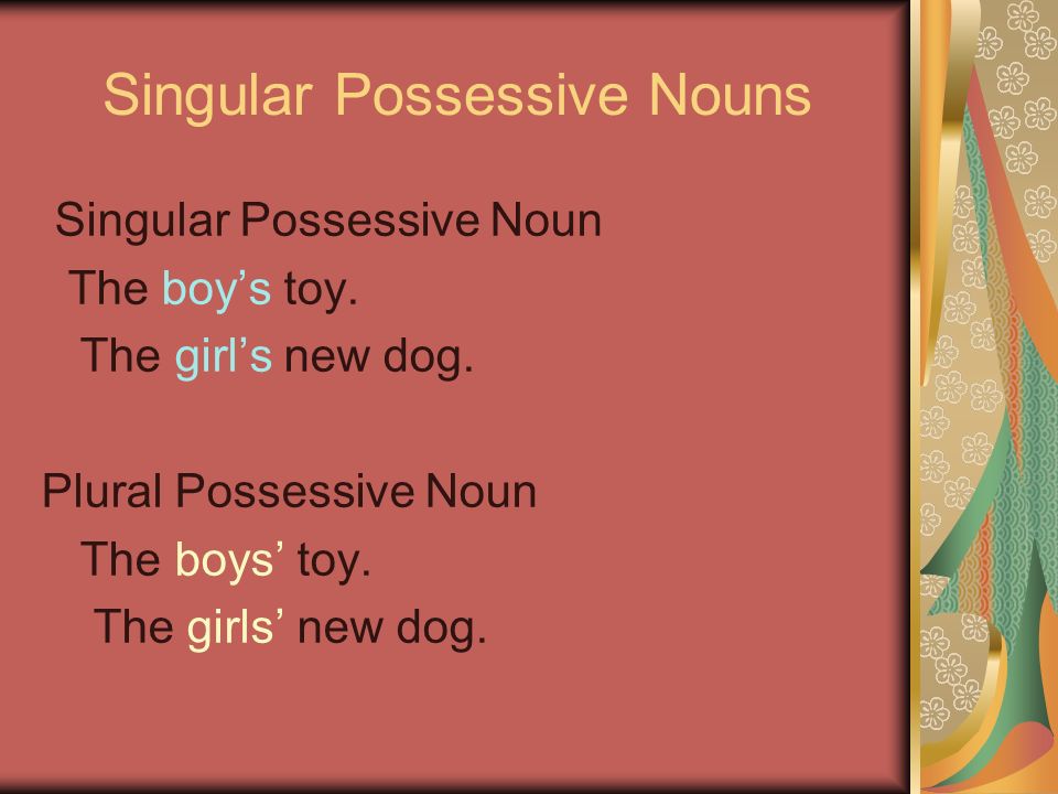 Singular and Plural Nouns Singular Nouns boy girl Plural Nouns boys girls