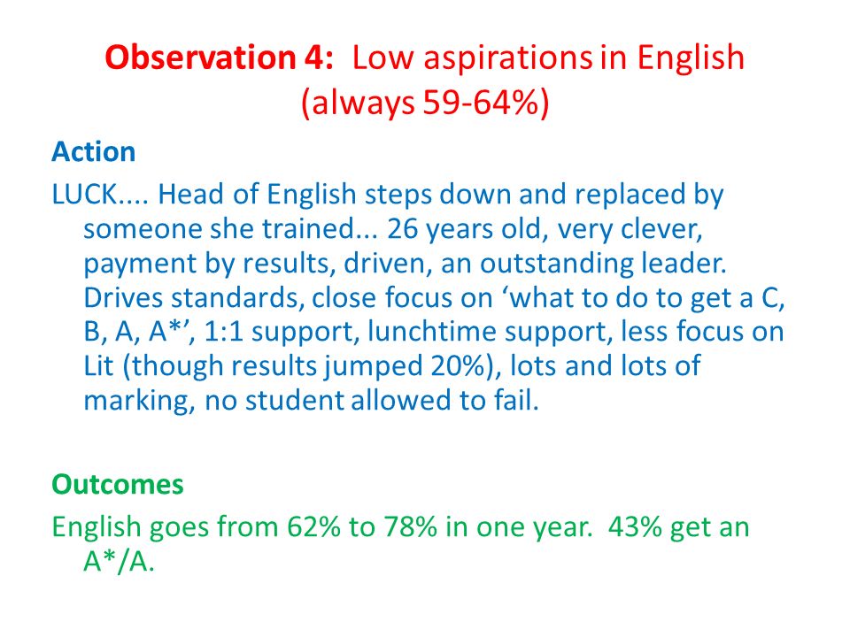 Observation 4: Low aspirations in English (always 59-64%) Action LUCK....